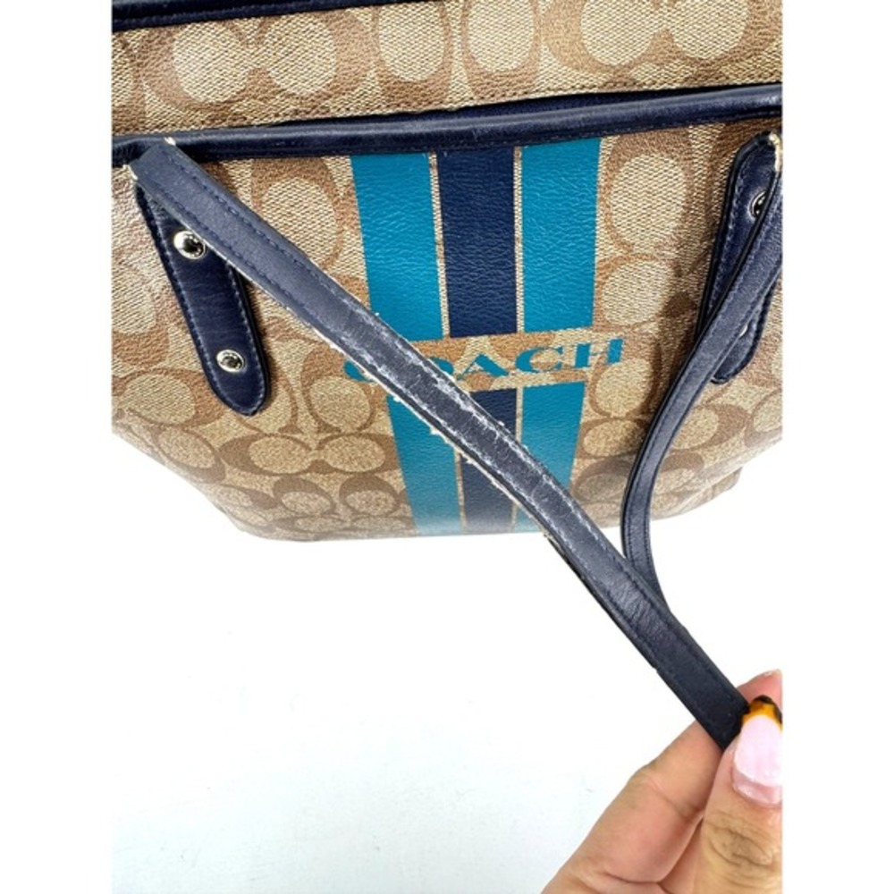 Coach City Tote Signature Canvas Varsity Stripe Brown Teal Navy‎ Zip Top Bag - Picture 4 of 9